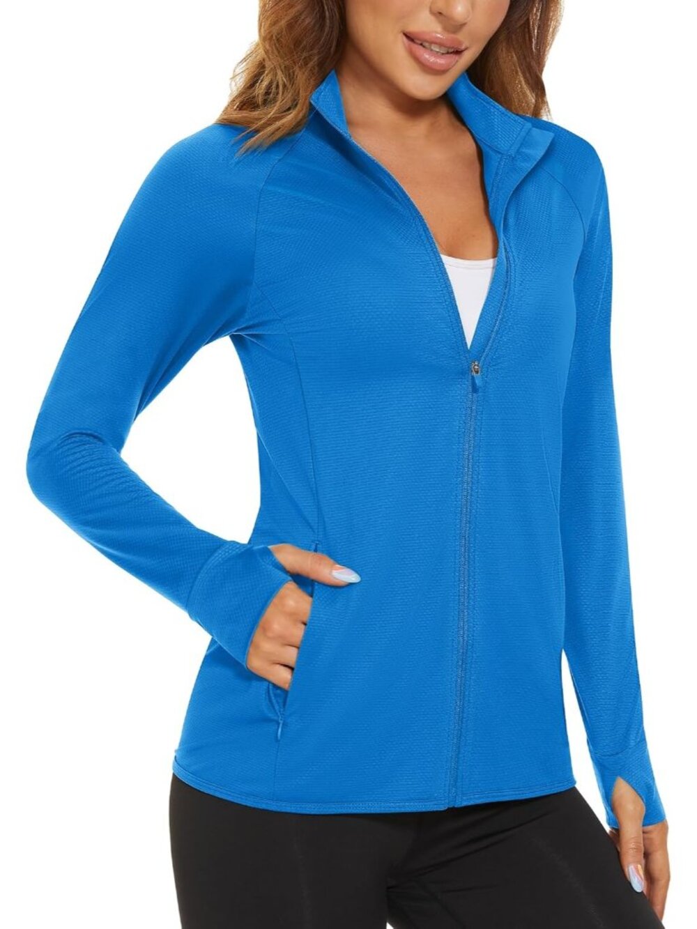 Women's Blue Green Full-zip High Neck Side Pockets Long Sleeve Athletic Jacket